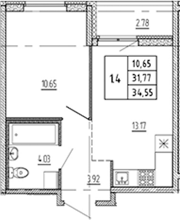 1-комнатная квартира 31.77 м², 2/22 эт., ЖК «Новые горизонты 2»